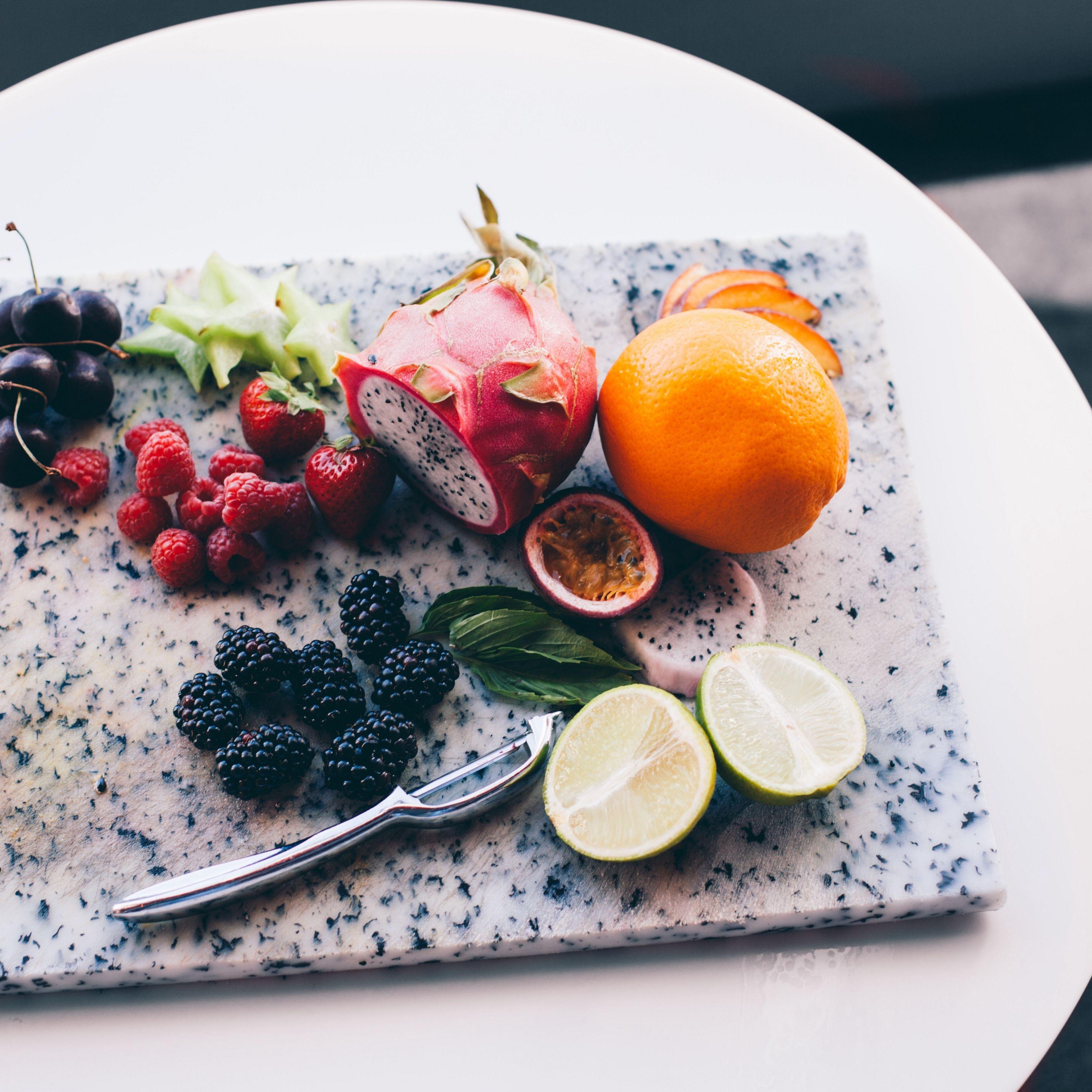 3415x3415 Download wallpaper 3415x3415 fruits, berries, cutting board, exotic