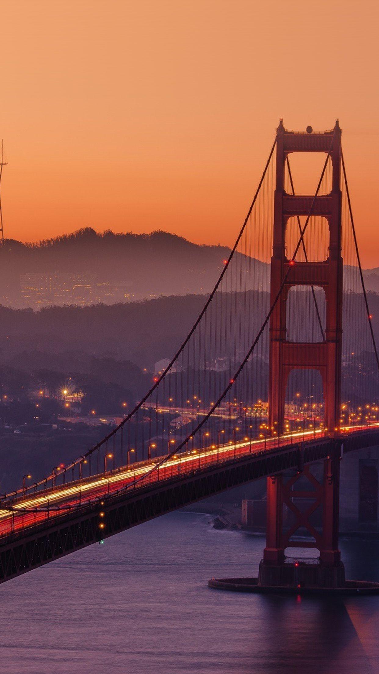 1242x2208 Bridge Orange Sunset River City Lights Wallpaper