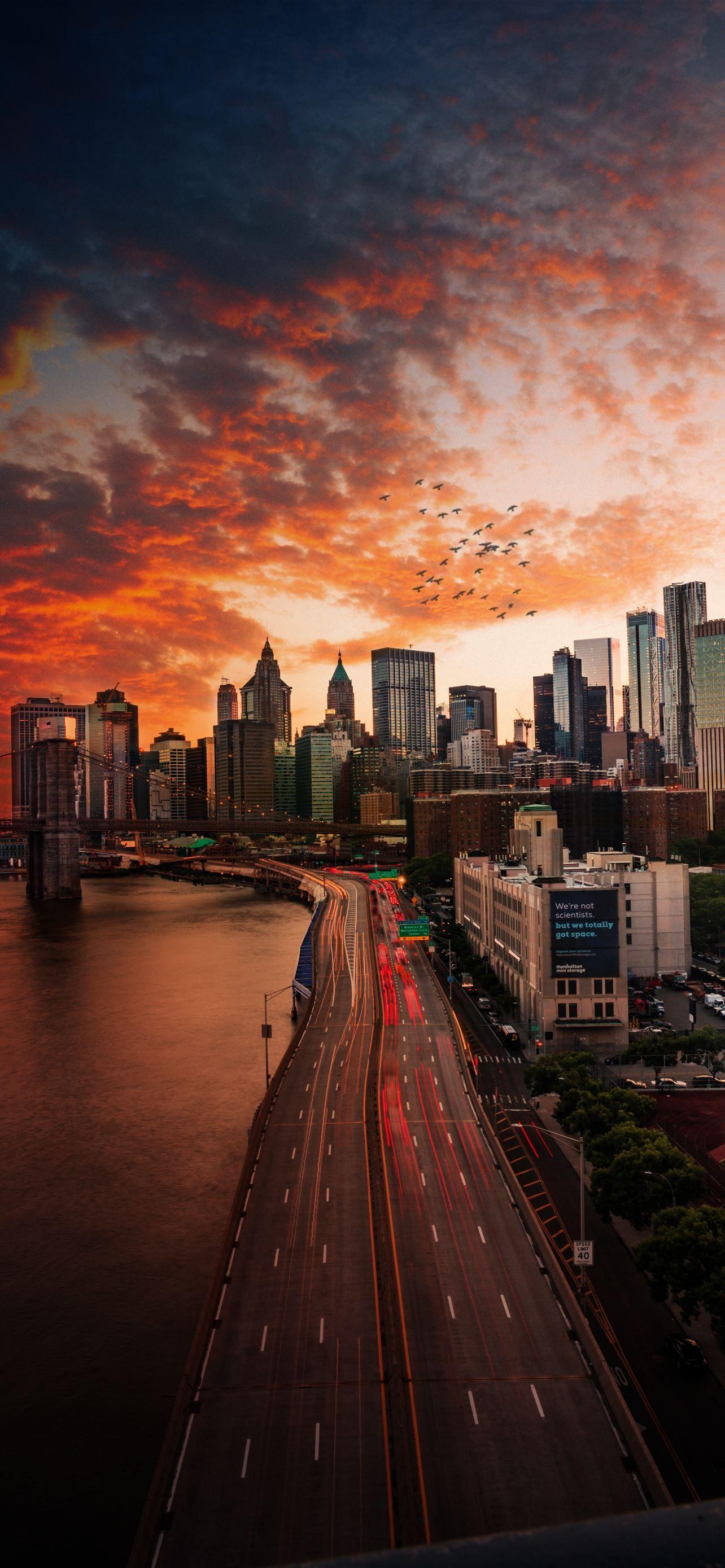 1080x1920 Sunset over Manhattan Bridge iPhone Wallpaper Free Download