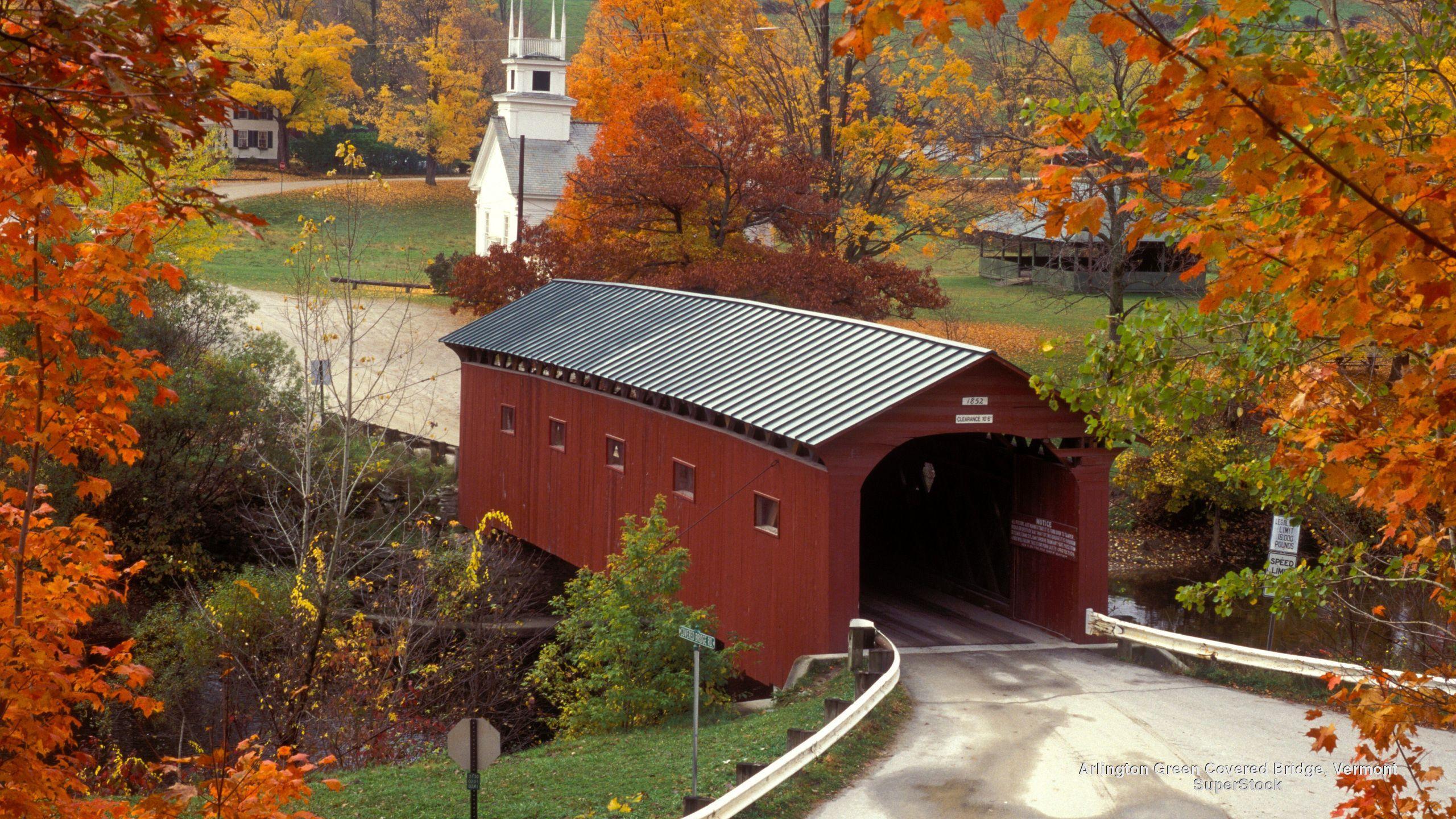 2560x1440 Covered Bridge In Autumn Wallpaper