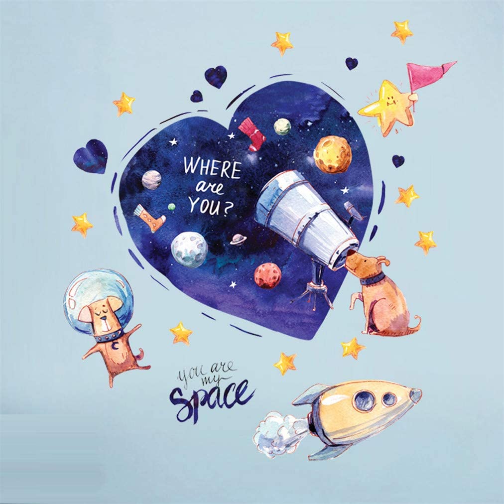 1012x1012 EWQHD Space Dog Wall Stickers Blue Heart Wallpaper Cartoon DIY Wall Art Decal Decoration Creative Decorative Stickers for Kids Rooms: Home & Kitchen