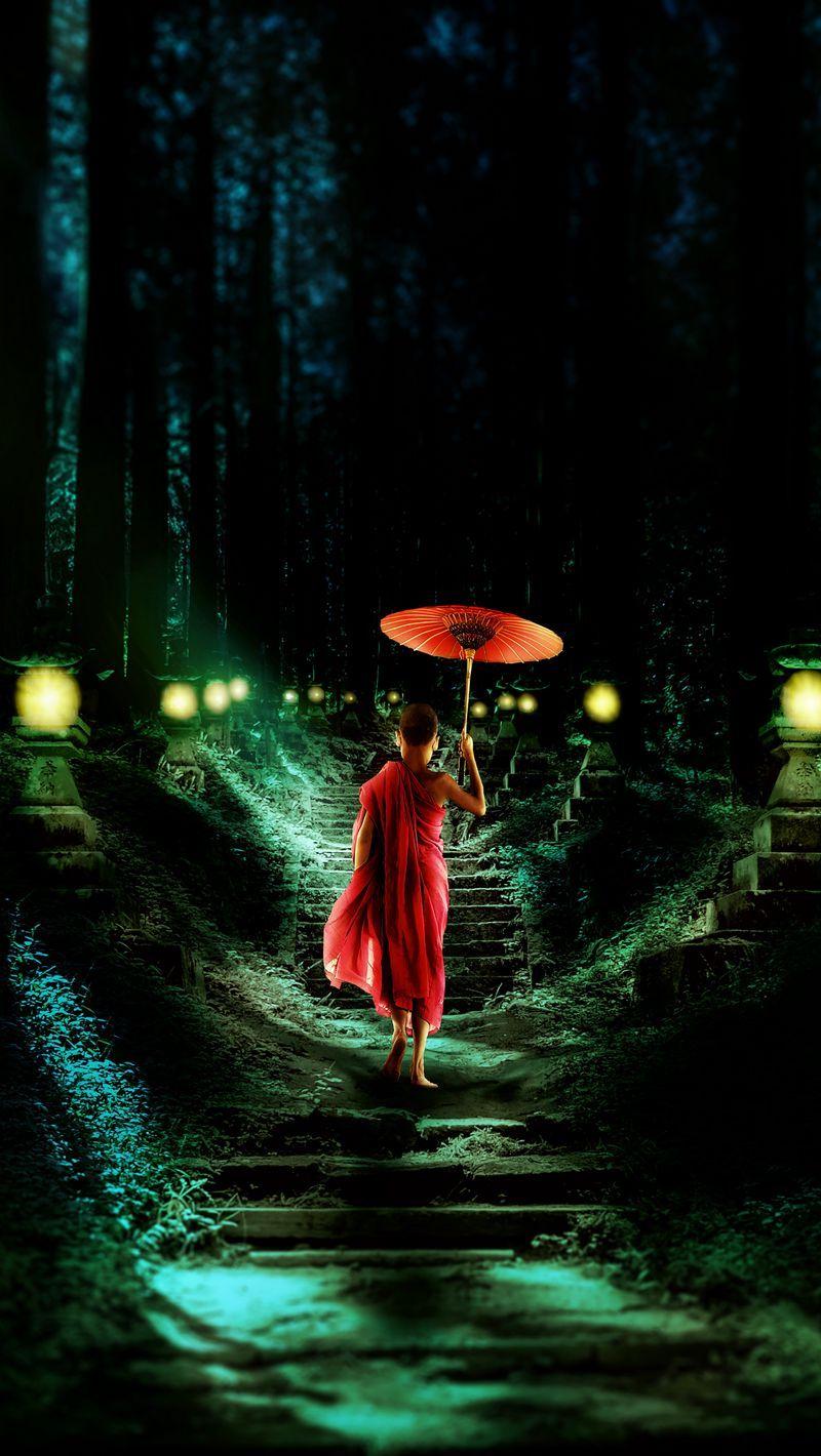 800x1420 Download Wallpaper 800x1420 Boy, Monk, Stairs, Night, Child, Umbrella, Buddhism Iphone Se 5s 5c 5 For Parallax HD Background