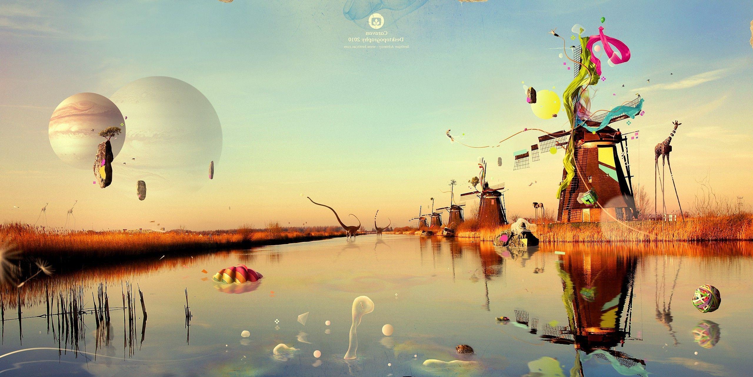 2560x1284 Desktopography, Surreal, Windmills, Water, Reflection, Giraffes, Planet Wallpaper HD / Desktop and Mobile Background