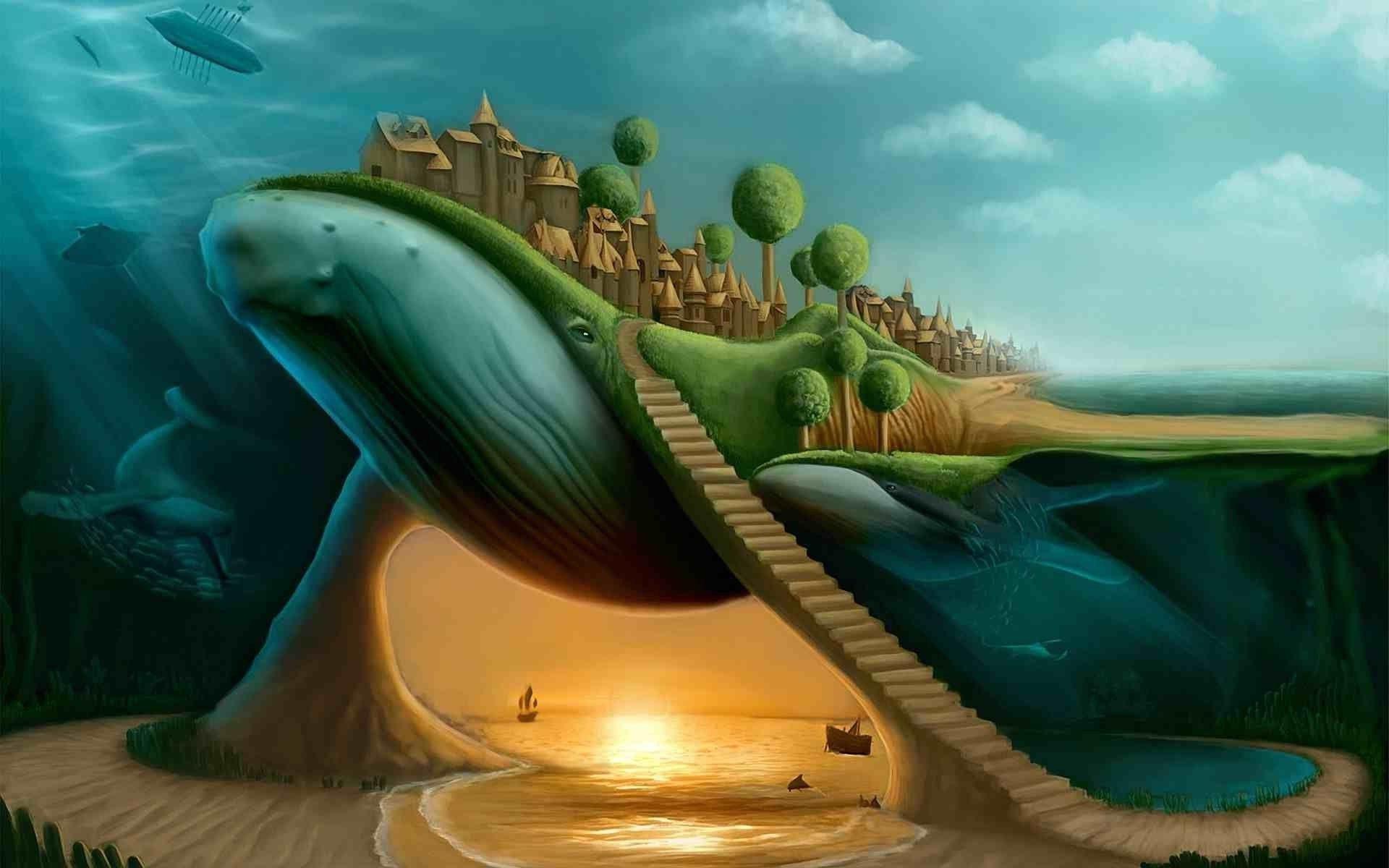 1920x1200 surreal whale stairs split view Wallpaper HD / Desktop and Mobile Background