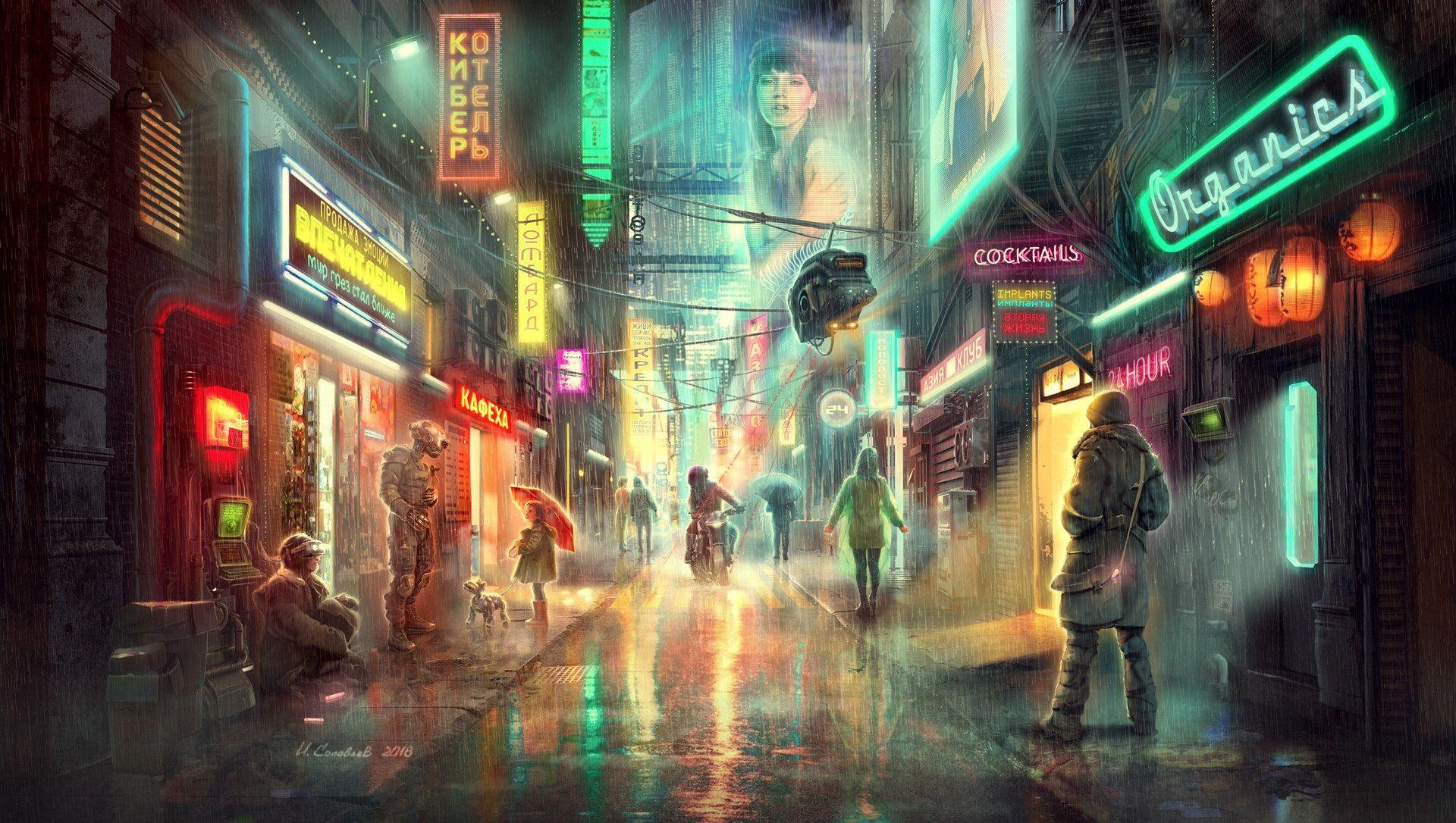 1920x1086 Artwork Fantasy Art City Street Neon Rain Futuristic Cyberpunk Wallpaper:1920x1086