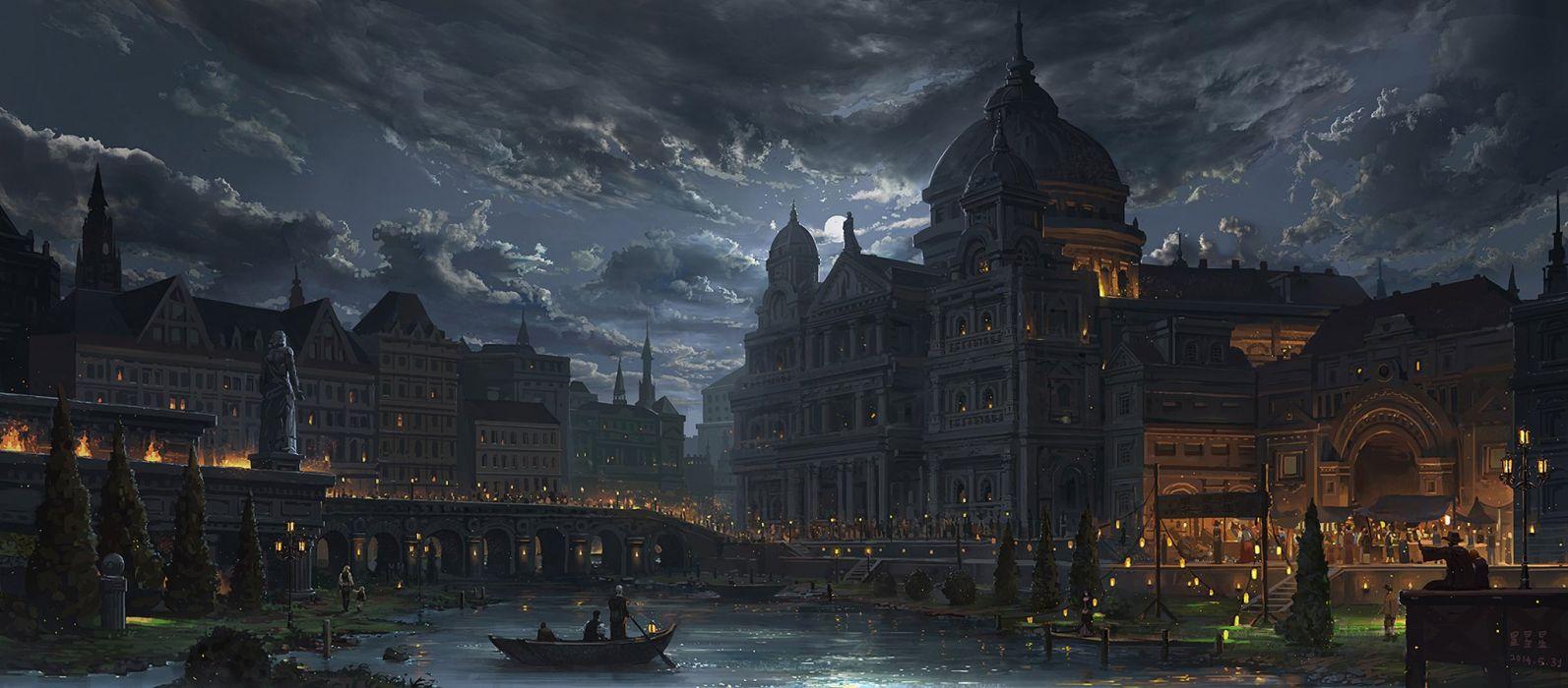 1593x700 Original fantasy art city light night river landscape sky clouds wallpaperx900