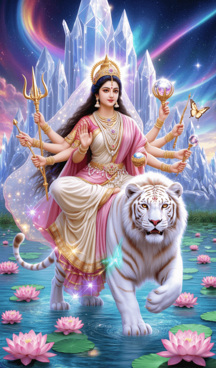 720x1228 Goddess Durga on White Tiger with Crystal Palace Background