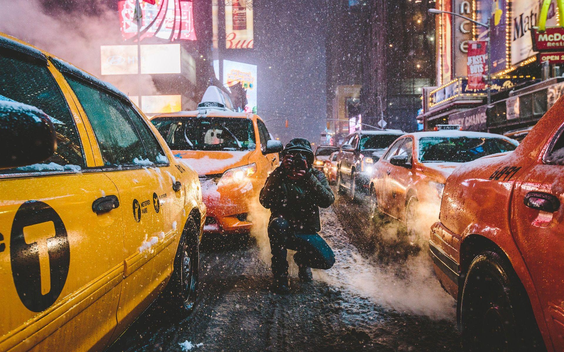 1920x1200 Wallpaper Times Square, New York, Manhattan, USA, city, street, winter, taxi, photography 1920x1200 HD Picture, Image
