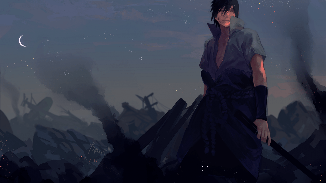 1366x768 Download 1366x768 Uchiha Sasuke, Naruto, Crescent, Sword Wallpaper for Laptop, Notebook