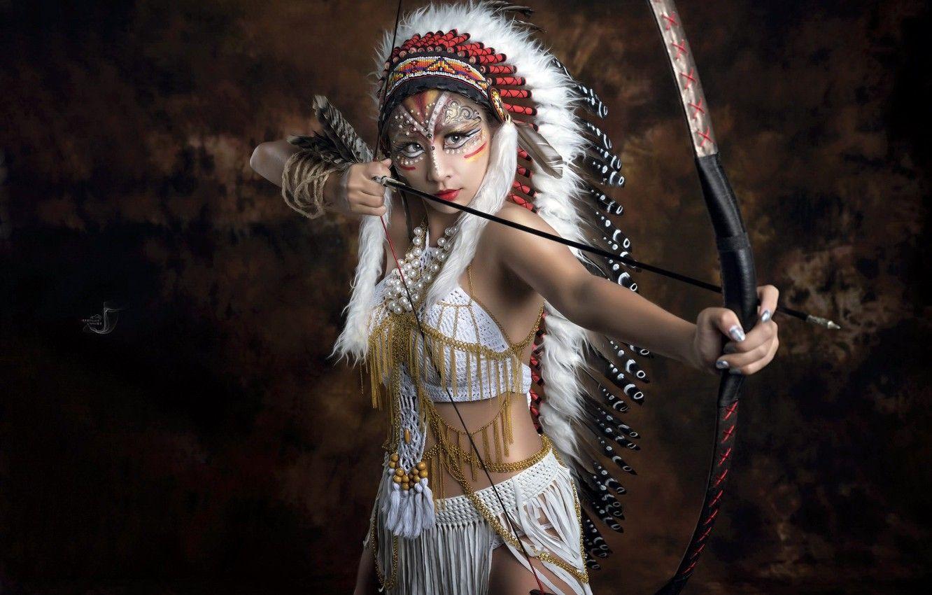1332x850 Wallpaper girl, weapon, cosplay, brunette, asian, bow, arrow, asiatic, Native American image for desktop, section стиль
