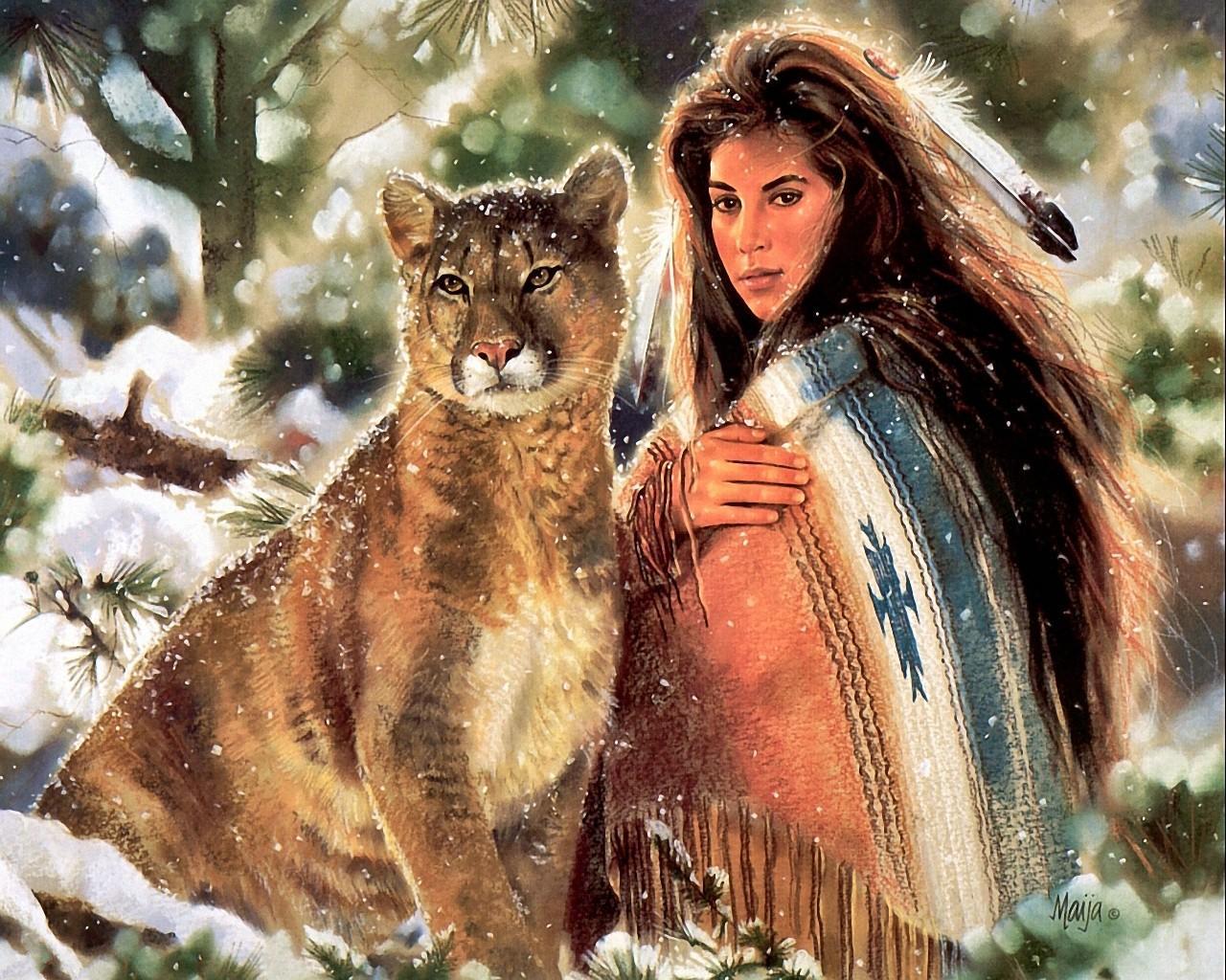 1280x1024 Title Artistic Native American Wallpaper Lion And Woman Art HD Wallpaper