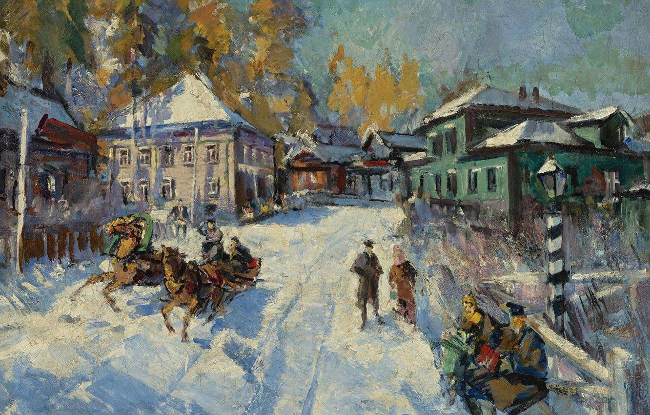 1332x850 Wallpaper snow, landscape, house, street, picture, sleigh, Konstantin Korovin, Russian Winter image for desktop, section живопись