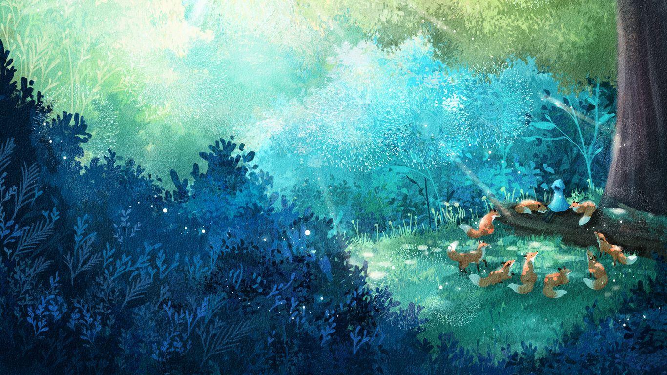 1366x768 Download wallpaper 1366x768 fox, forest, art, family tablet, laptop HD background