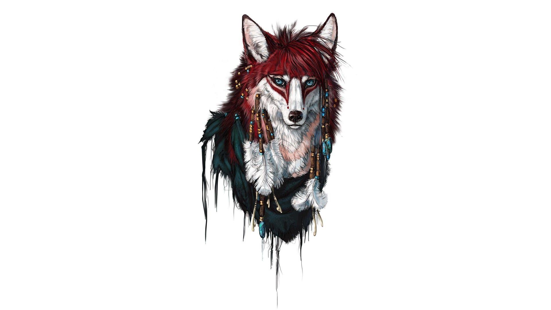 1920x1080 Download 1920x1080 Animals, colorful, fox, wolf, drawing, simple background, feathers wallpaper