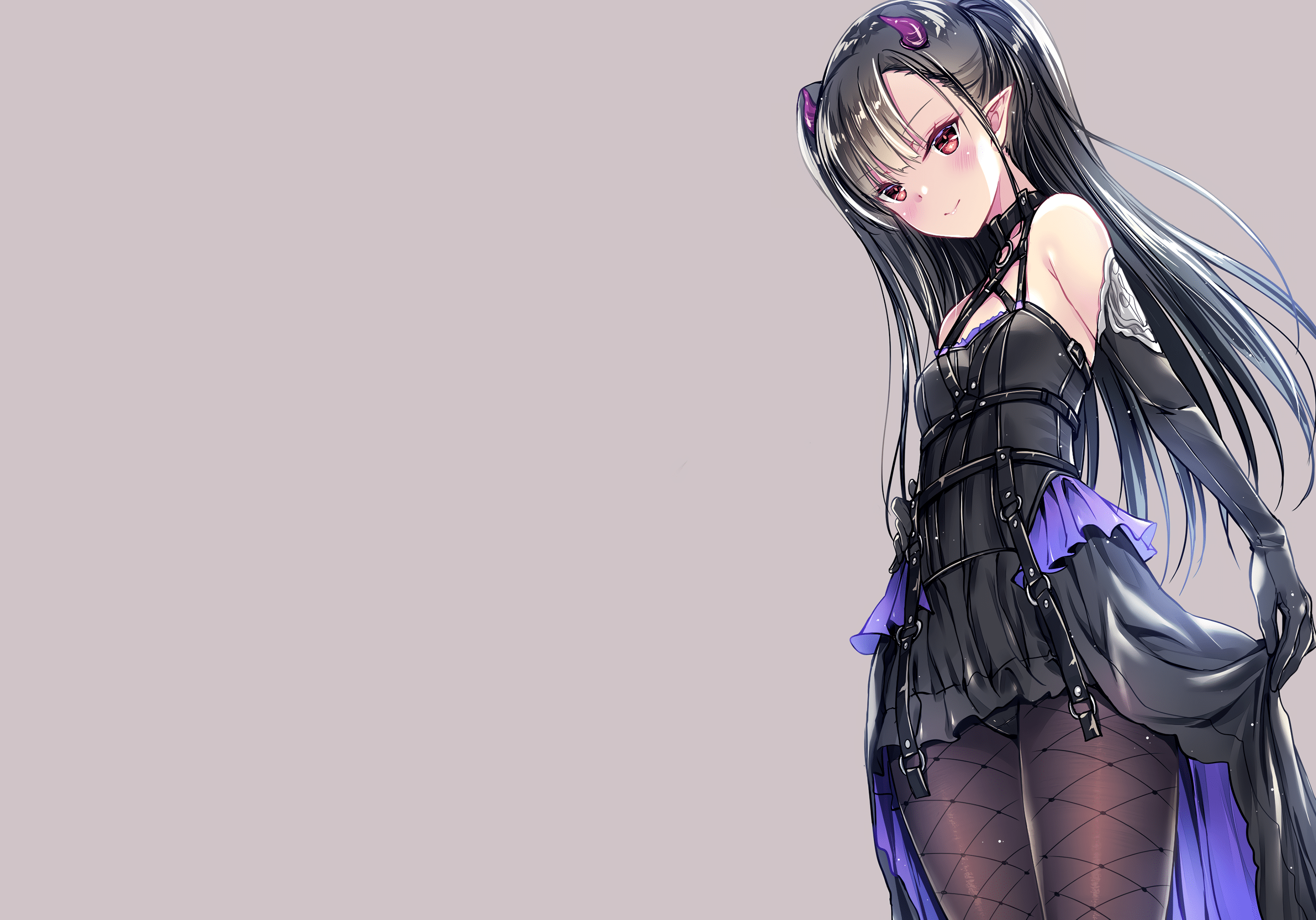 2500x1748 Black Hair Long Hair Demon Girl Pointed Ears Dress Elbow Gloves Gloves Horns Red Eyes Twintails Skir Wallpaper:2500x1748