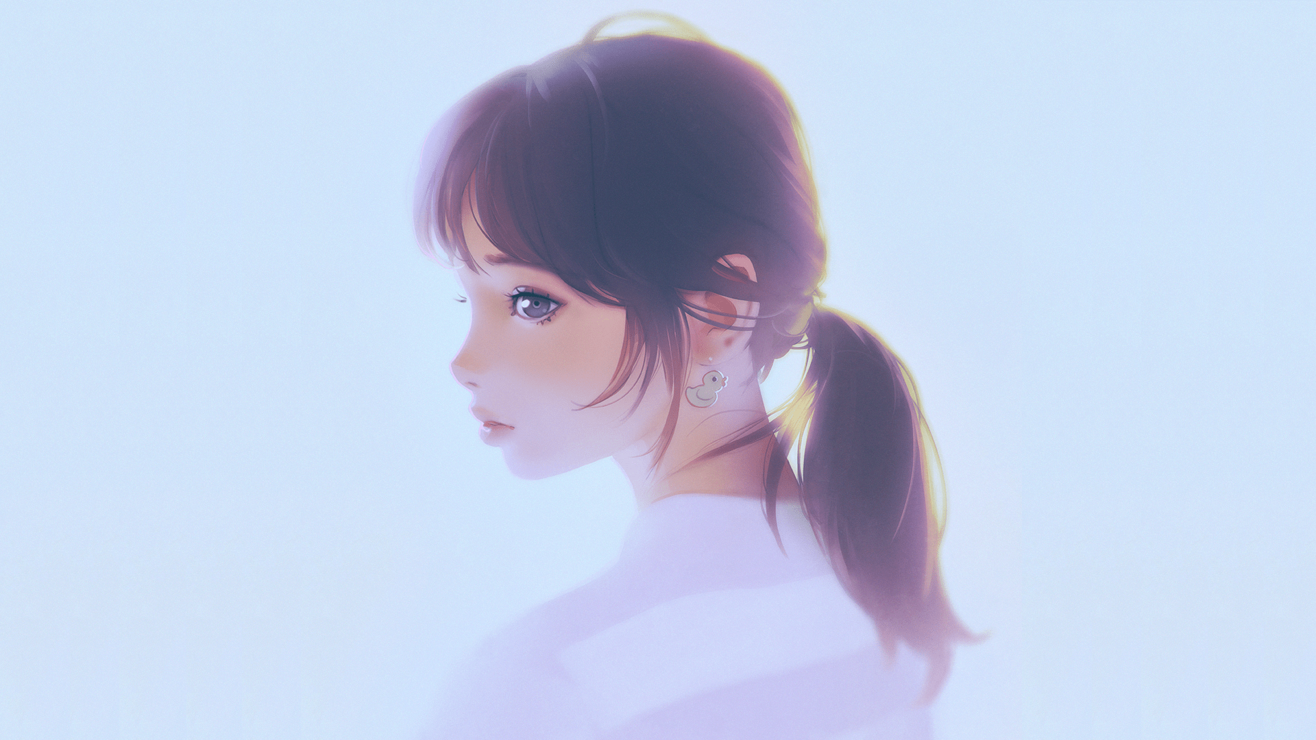 1920x1080 #looking at viewer, #artwork, #Ilya Kuvshinov, #blue background, #brunette, #ponytail, #digital art, #women, wallpaper. Mocah.org HD Desktop Wallpaper