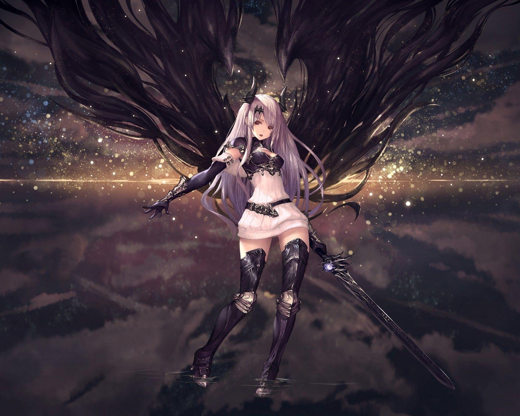 1743x1394 Download 1743x1394 Anime Girl, Demon, Black Sword, Horns, Gloves, White Hair, Black Magic Wallpaper