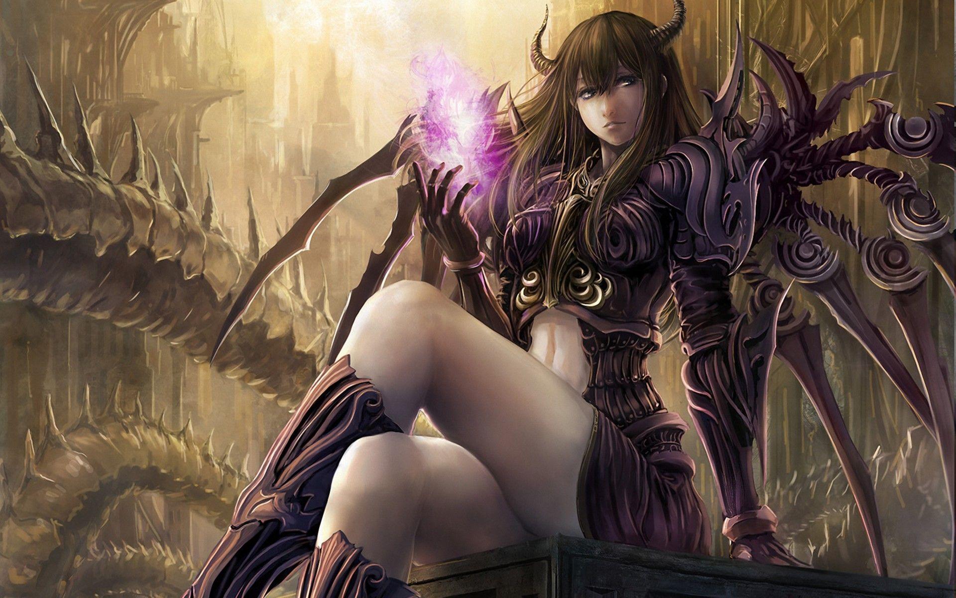 1920x1200 Art Wallpaper, Takakyo, Girl, Demon, Horns, Sitting, Magic Girl Art