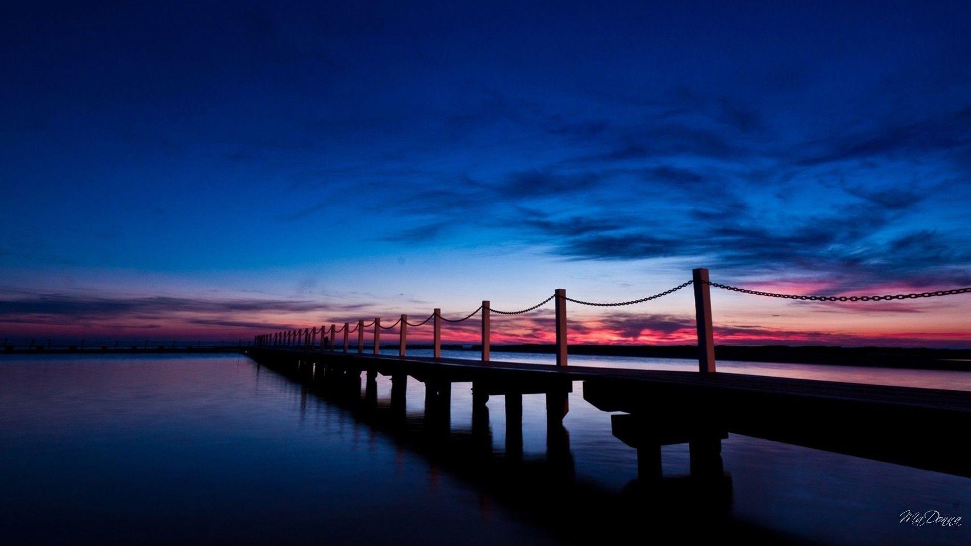 1920x1080 Lakes: Night Twilight Sky Fishing Lake Dock Water Boating Blue