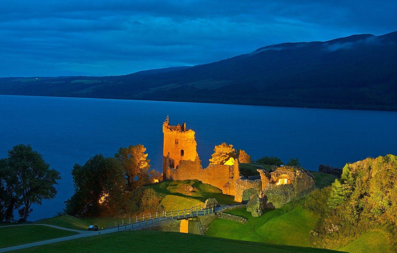 1332x850 Wallpaper mountains, night, lights, lake, Scotland, Loch Ness, Urquhart castle image for desktop, section пейзажи