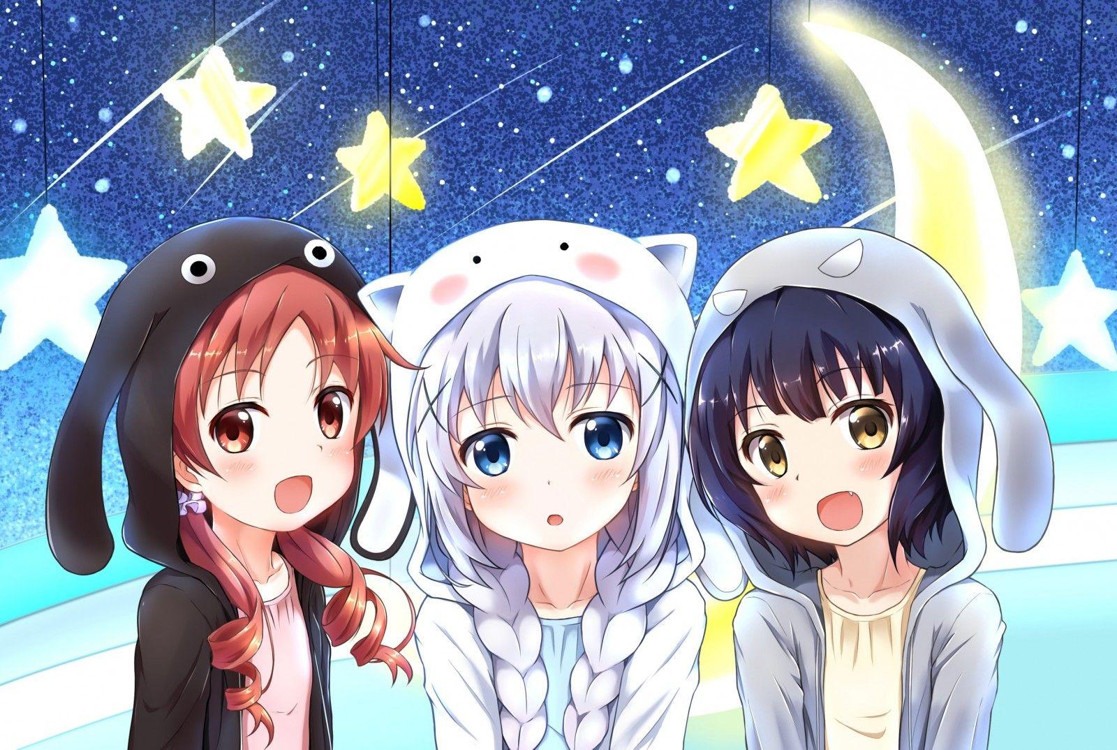 1600x1074 illustration, anime, anime girls, hoods, cartoon, braids, Gochuumon wa Usagi Desu ka, Kafuu Chino, Jouga Maya, Natsu Megumi, screenshot, mangaka. Mocah.org HD Desktop Wallpaper
