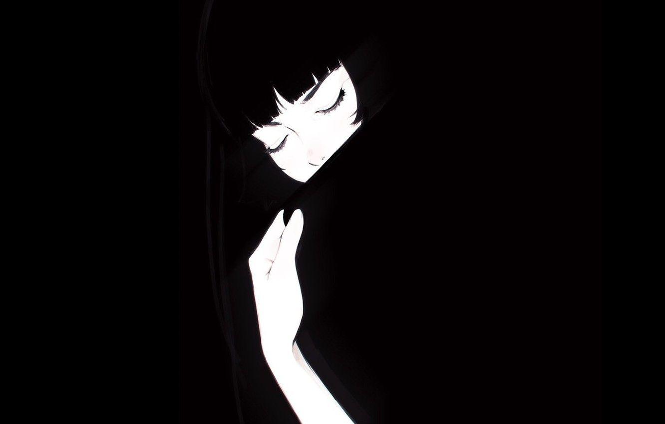 1332x850 Wallpaper face, eyelashes, black and white, hand, collar, black background, bangs, closed eyes, portrait of a girl, Ilya Kuvshinov image for desktop, section разное