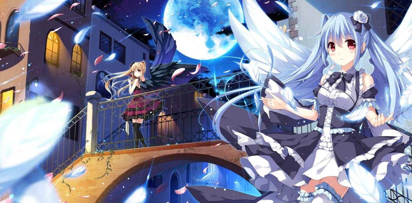 1416x700 Anime girls angel devil wings moon feathers night wallpaperx900