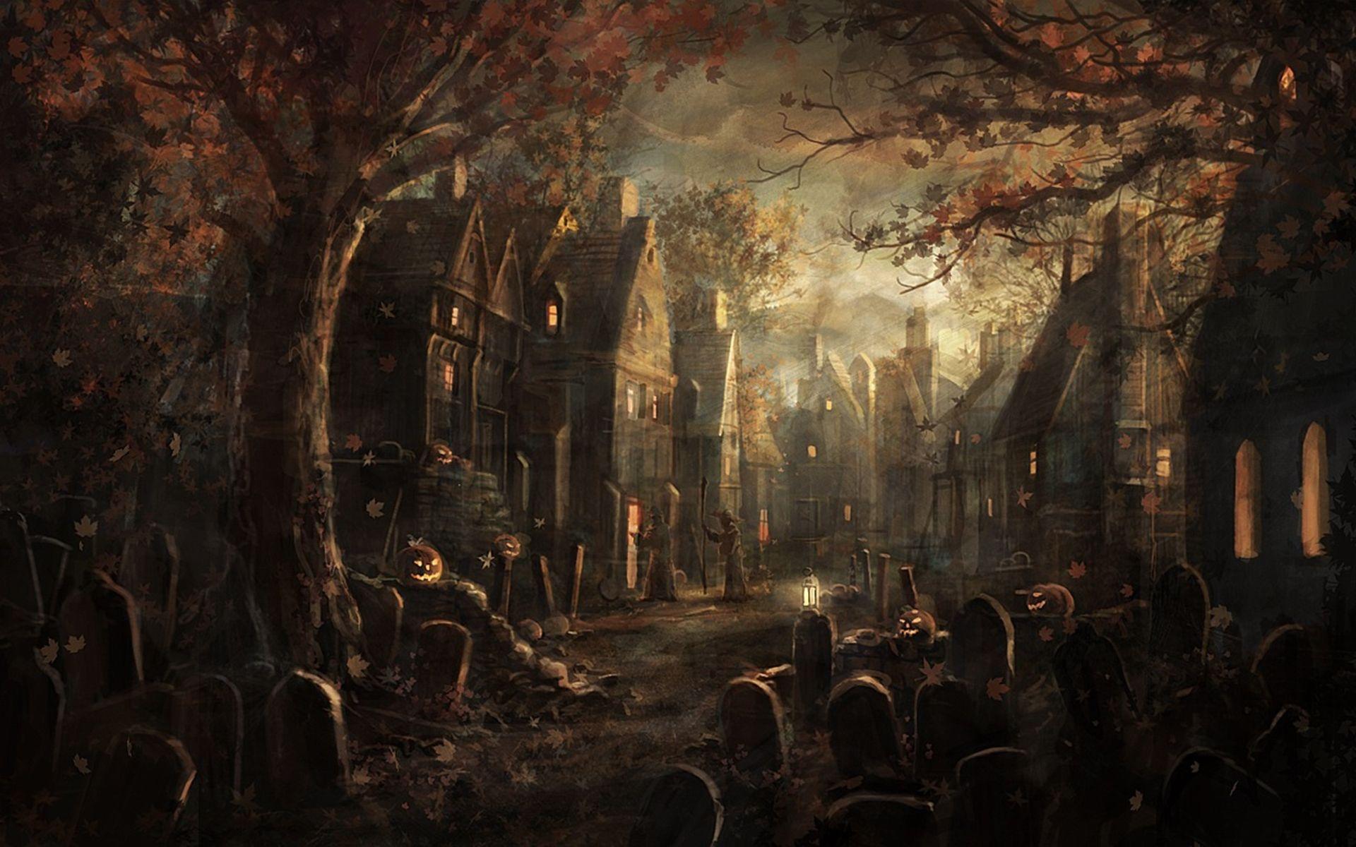 1920x1200 autumn, Halloween, houses, tombstones, nighttime, cemetery, Radojavor wallpaper