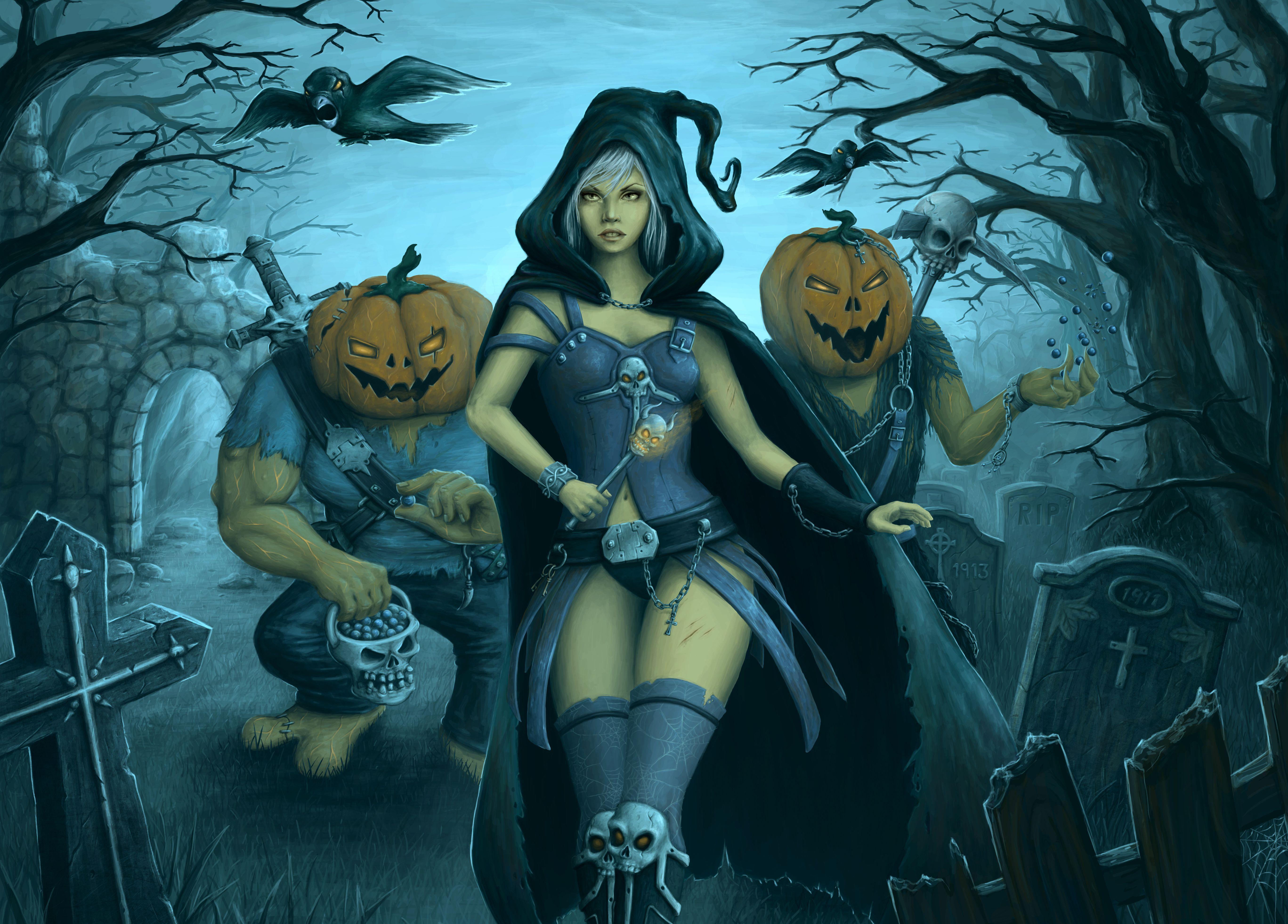 5470x3926 gothic, Halloween, Fantasy, Girls, Dark, Pumpkin, Cemetery, Skull, Skulls Wallpaper HD / Desktop and Mobile Background