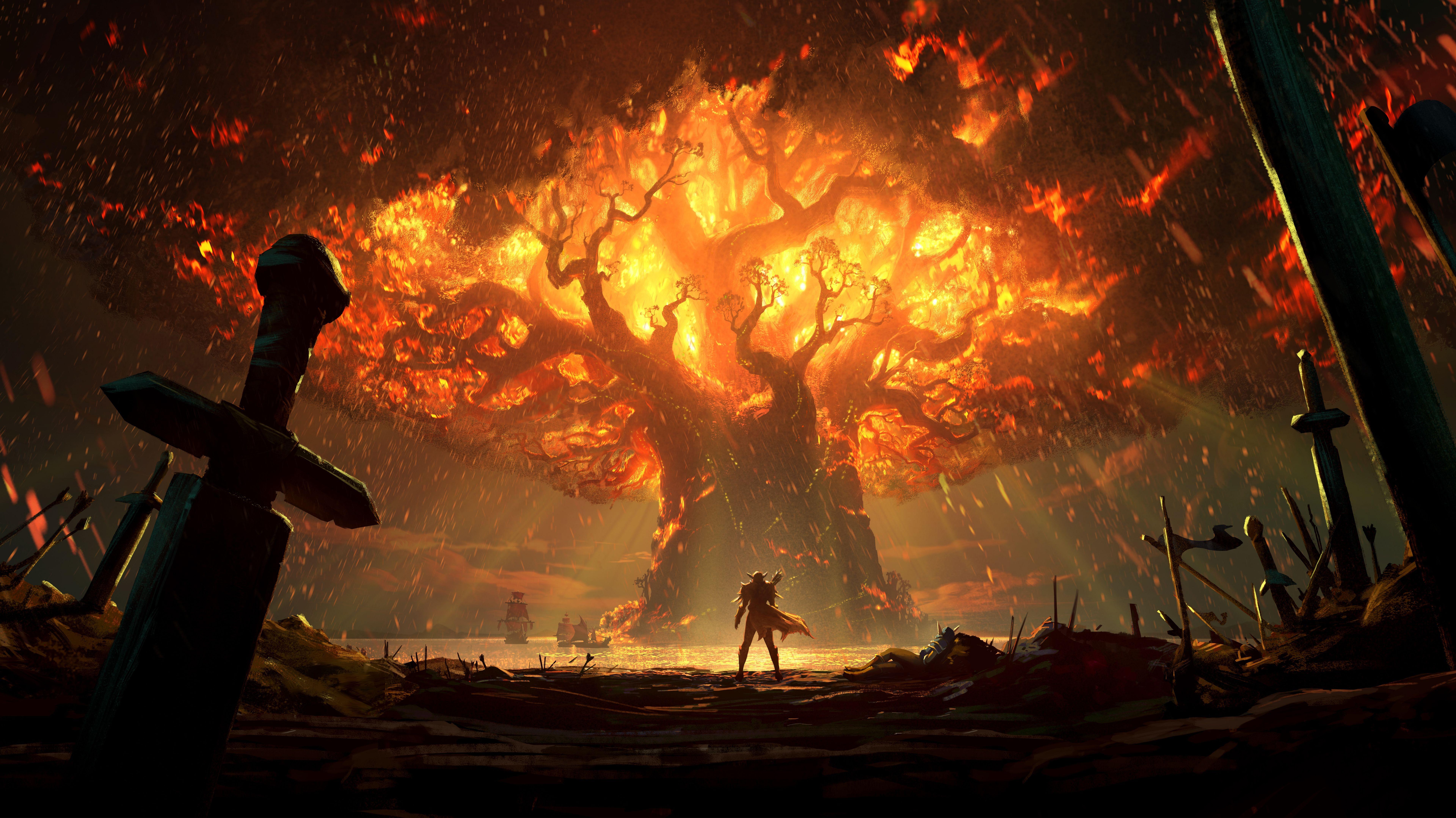 7680x4320 Download 7680x4320 World Of Warcraft: Battle For Azeroth, Burning Tree, Sword, Artwork Wallpaper