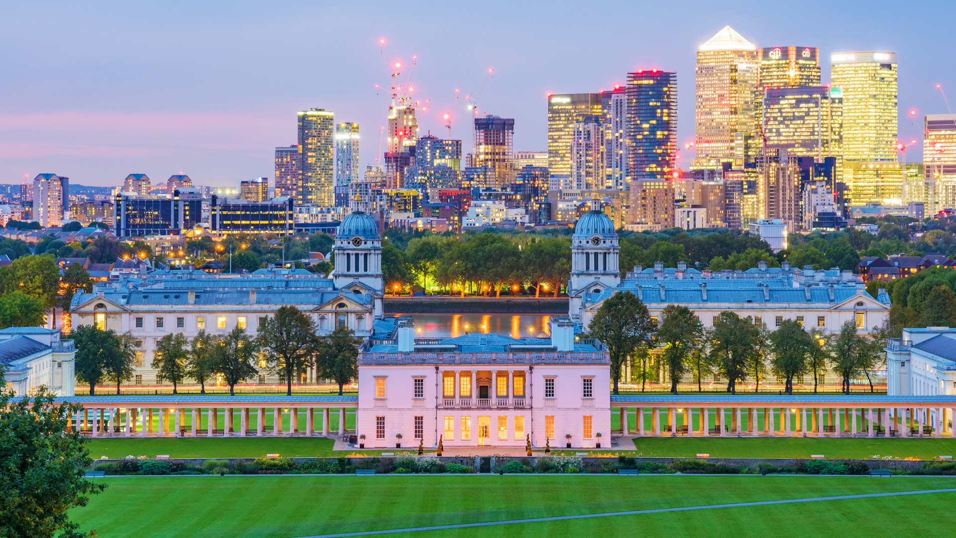 1920x1080 Night Time View Of Greenwich Park And Canary Wharf, London (© Stockinasia Getty Image) Bing Everyday Wallpaper 2018 08 28