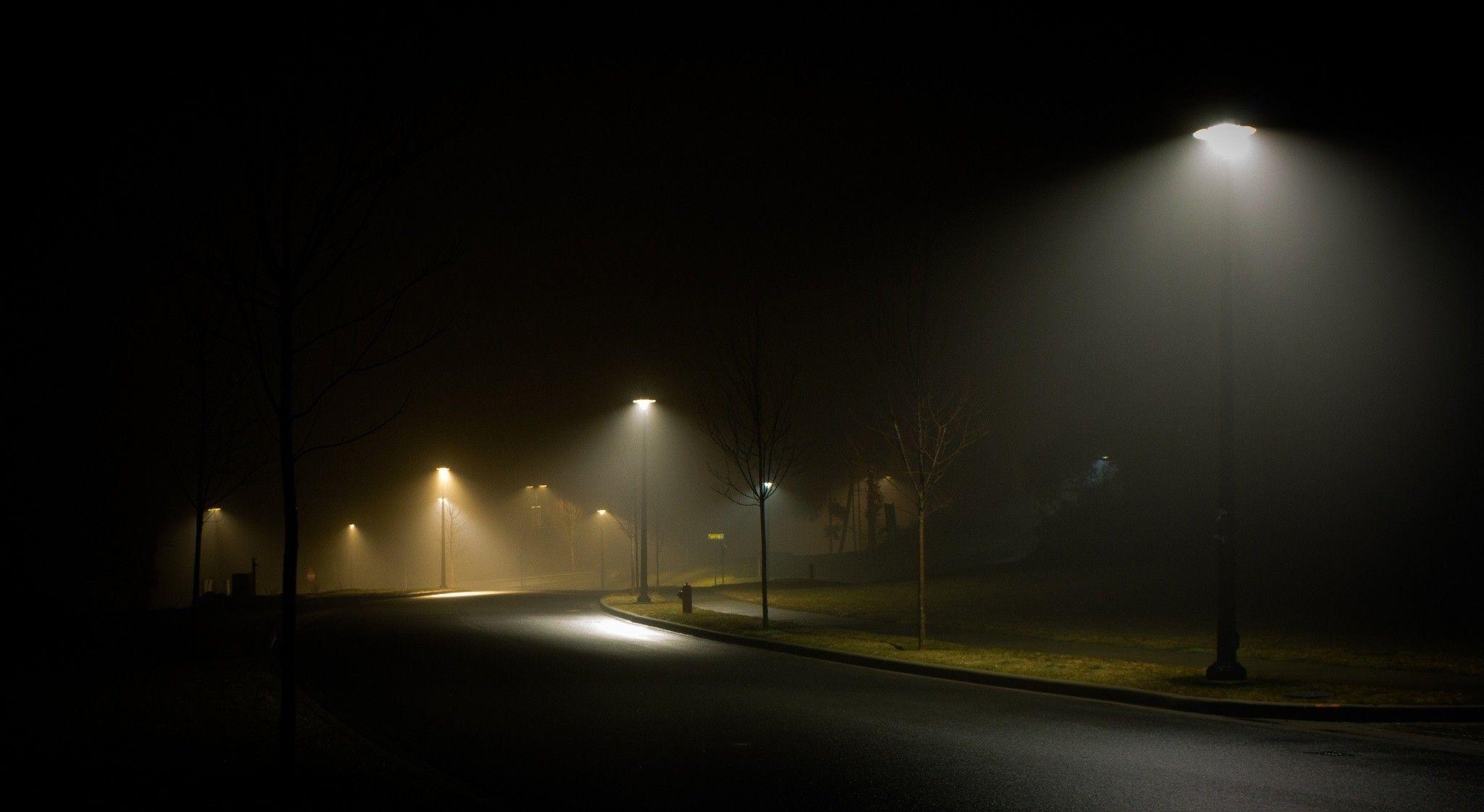 2048x1121 landscape, Nature, Street, Night, Street Light, Mist, Grass, Spring