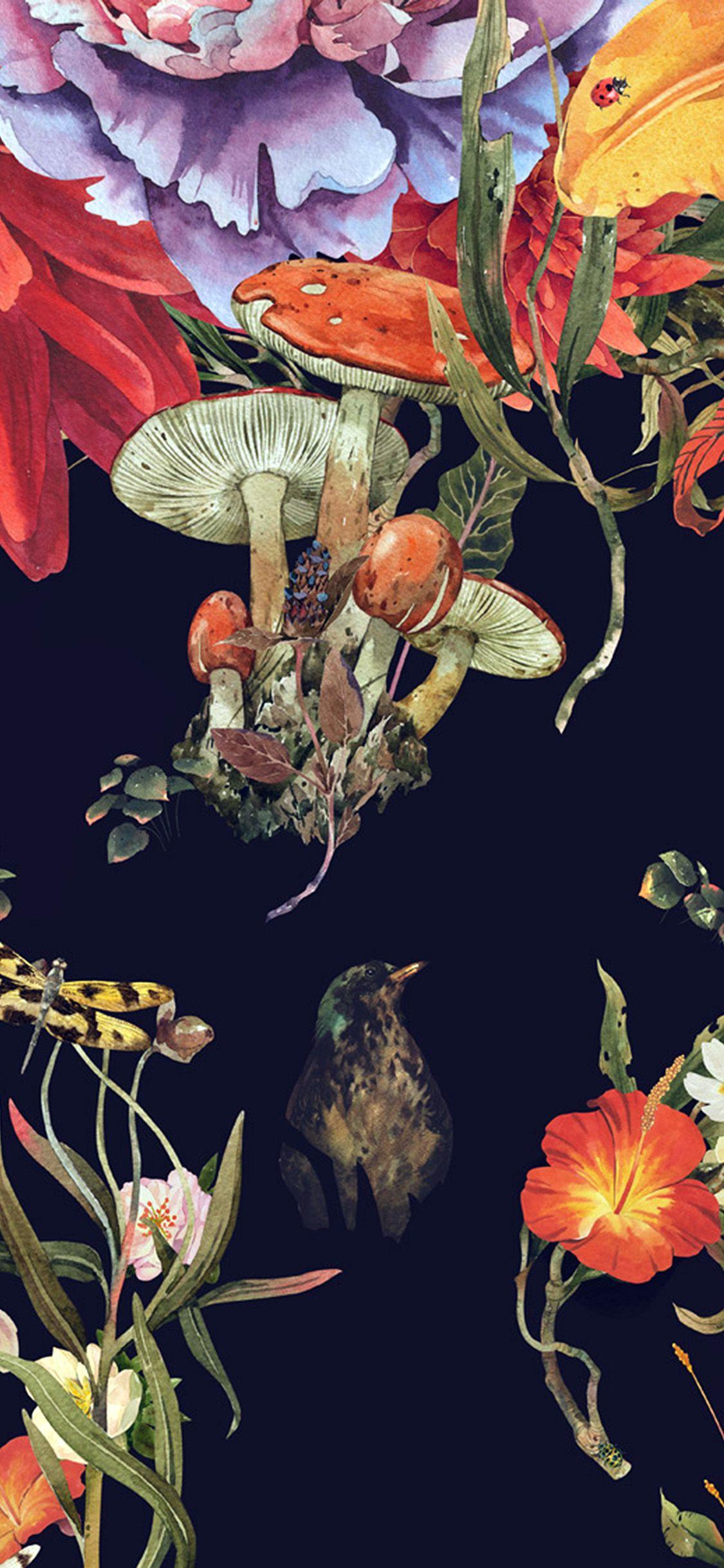 1125x2436 iPhone X wallpaper. flower drawing illust paint art dark