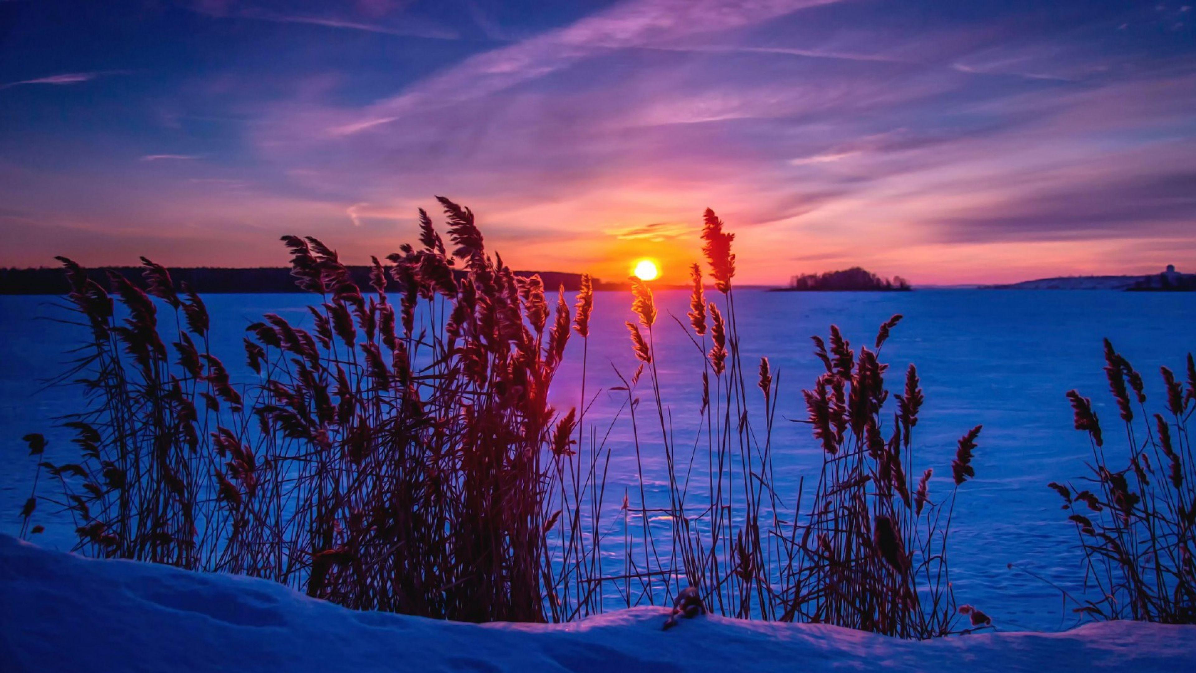 3840x2160 Winter Sunset Nature Wallpaper Background