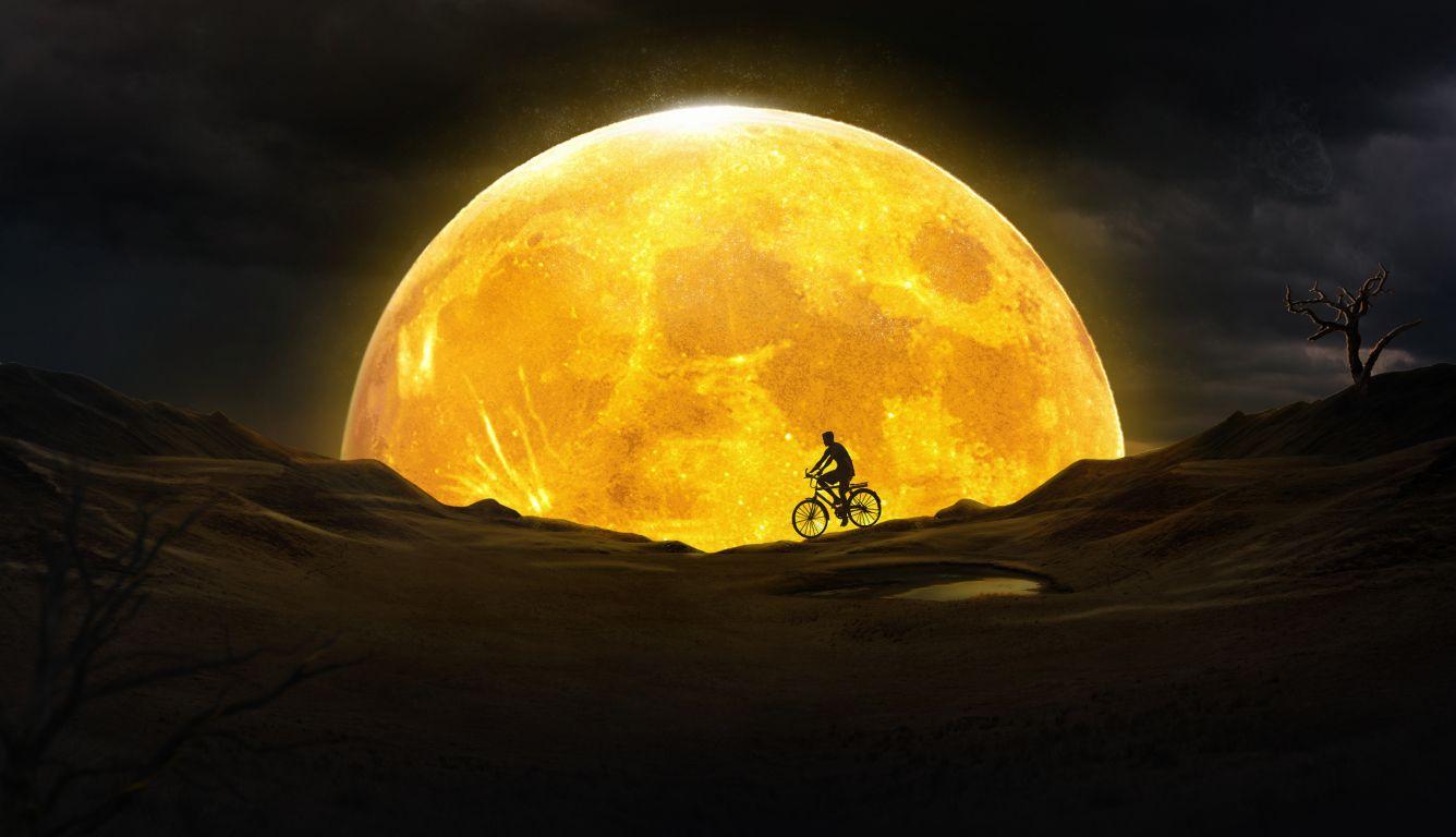 1336x768 Cycling Near Yellow Moon HD Laptop Wallpaper, HD Artist 4K Wallpaper, Image, Photo and Background