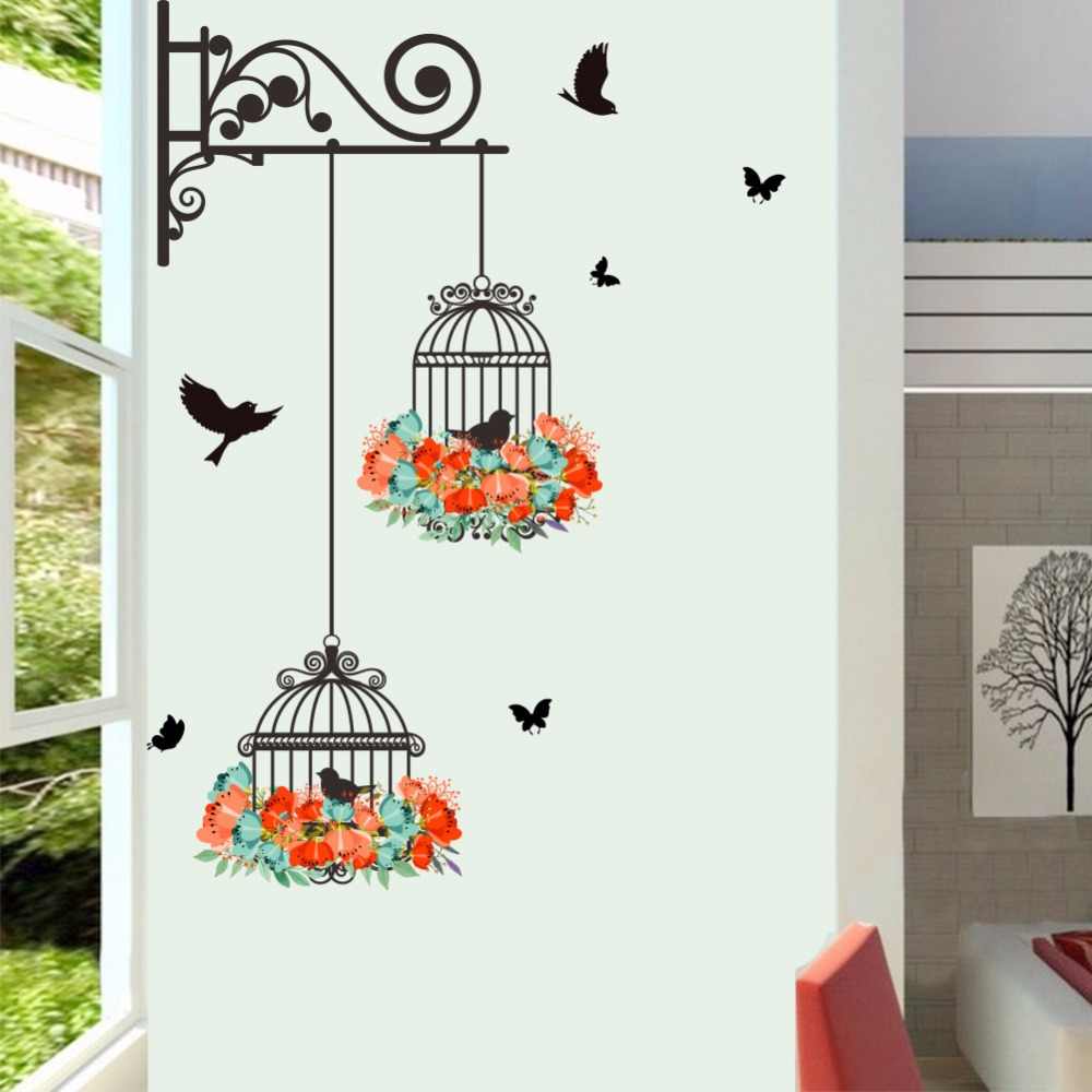1000x1000 New Birdcage Colorful Flower Flying birds for Living room wallpaper lnursery window decor Wall Sticker for Kids Room Home Decor