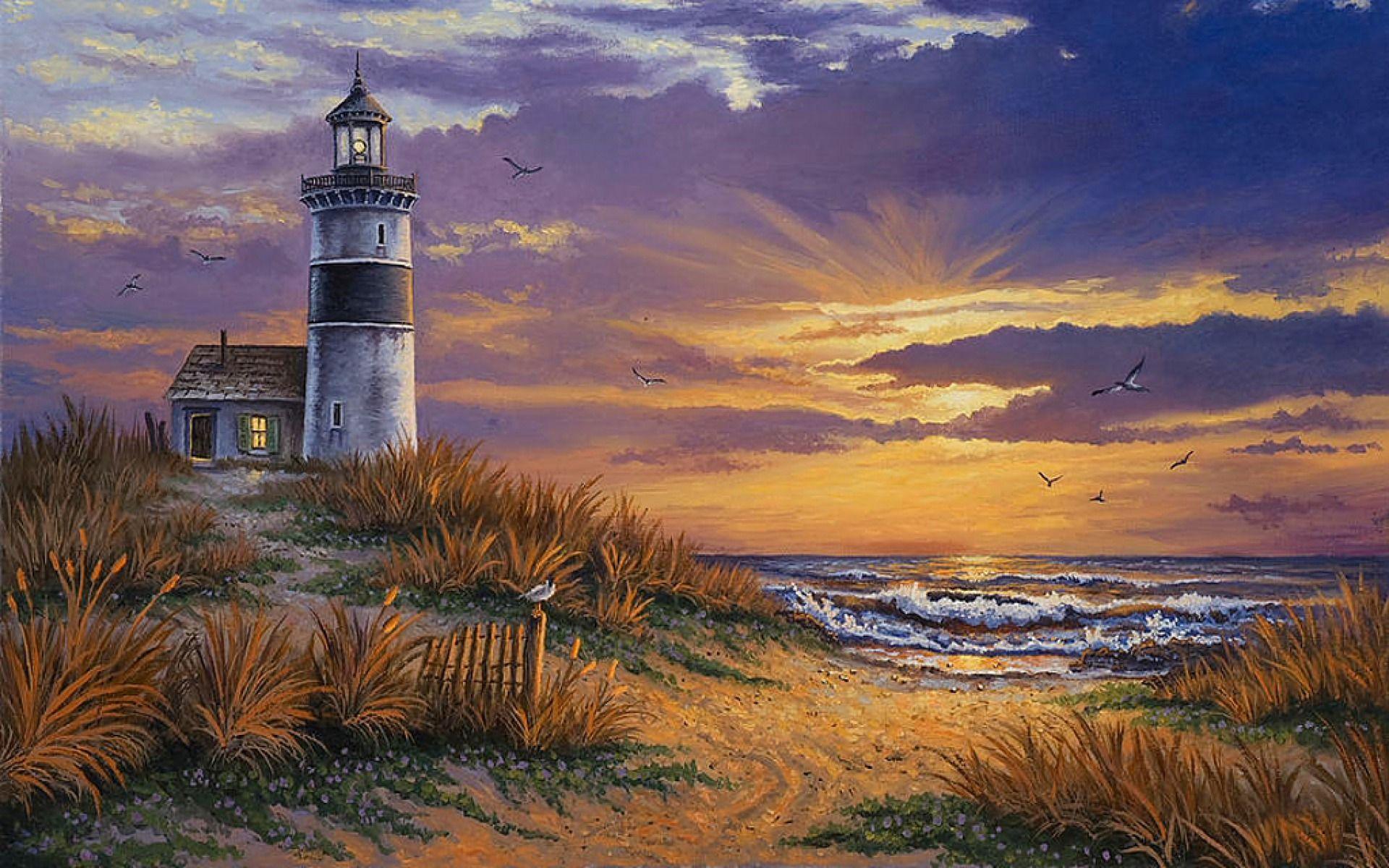 1920x1200 Ocean Light House Purple Sky wallpaper. Ocean Light House Purple Sky