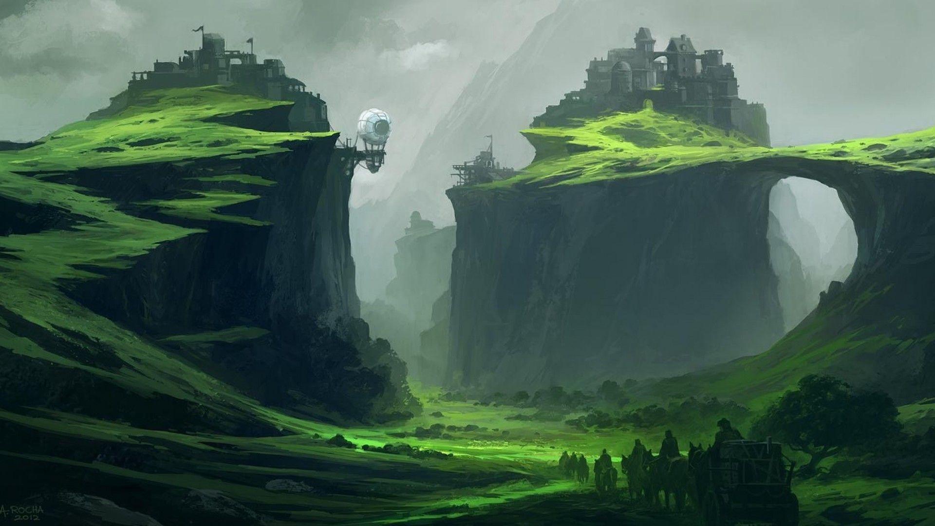 1920x1080 people, Fantasy art, Artwork, Mountains, Village, Field Wallpaper HD / Desktop and Mobile Background