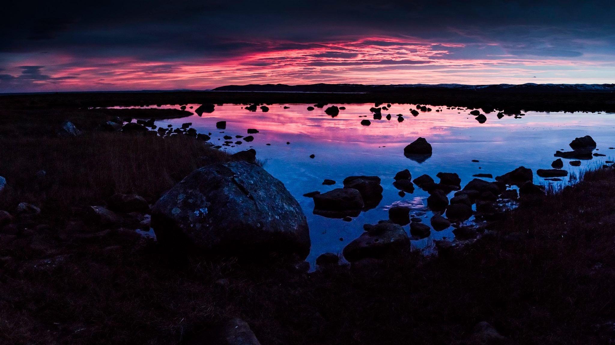 2048x1151 #nature, #O.G. Photo, #colored sky, #water, #rocks, #landscape, #purple sky, wallpaper. Mocah.org HD Desktop Wallpaper