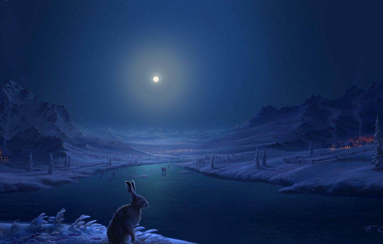 1332x850 Wallpaper Winter, Snow, Mountains, River, People, Hare, Home, The Moon, Village, Art, Moonlight, Fel X Image For Desktop, Section арт