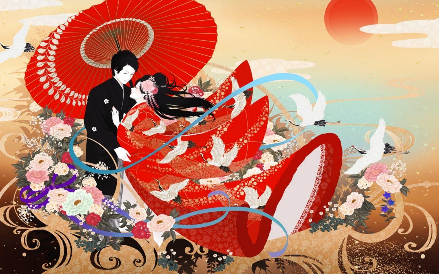 1440x900 Cute Asian Couple Red Umbrella desktop PC and Mac wallpaper