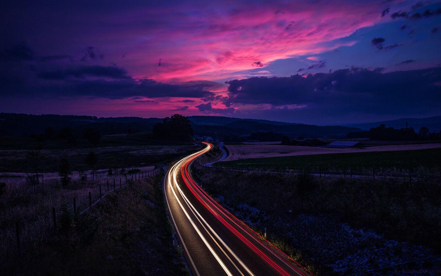 1680x1050 Wallpaper Switzerland, road traffic, lines light, sunset, twilight, purple sky 1920x1200 HD Picture, Image