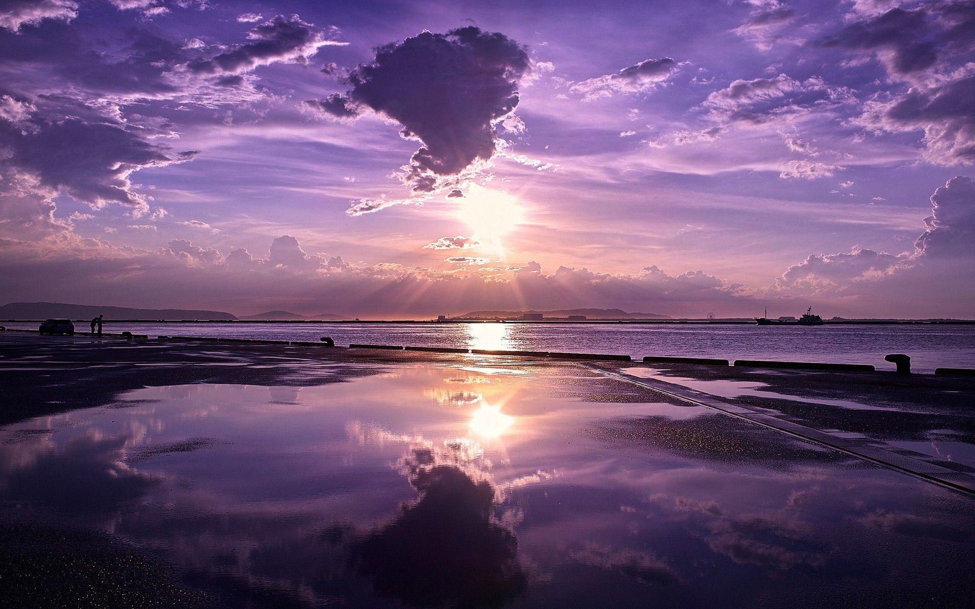 1920x1200 Sunset nature sea skyscapes reflections purple sky wallpaperx1200