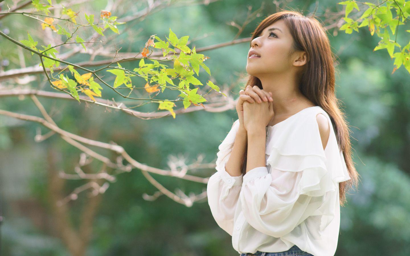 1440x900 Download Wallpaper asian girl leaves branch blouse (1440x900). The Wallpaper, photo
