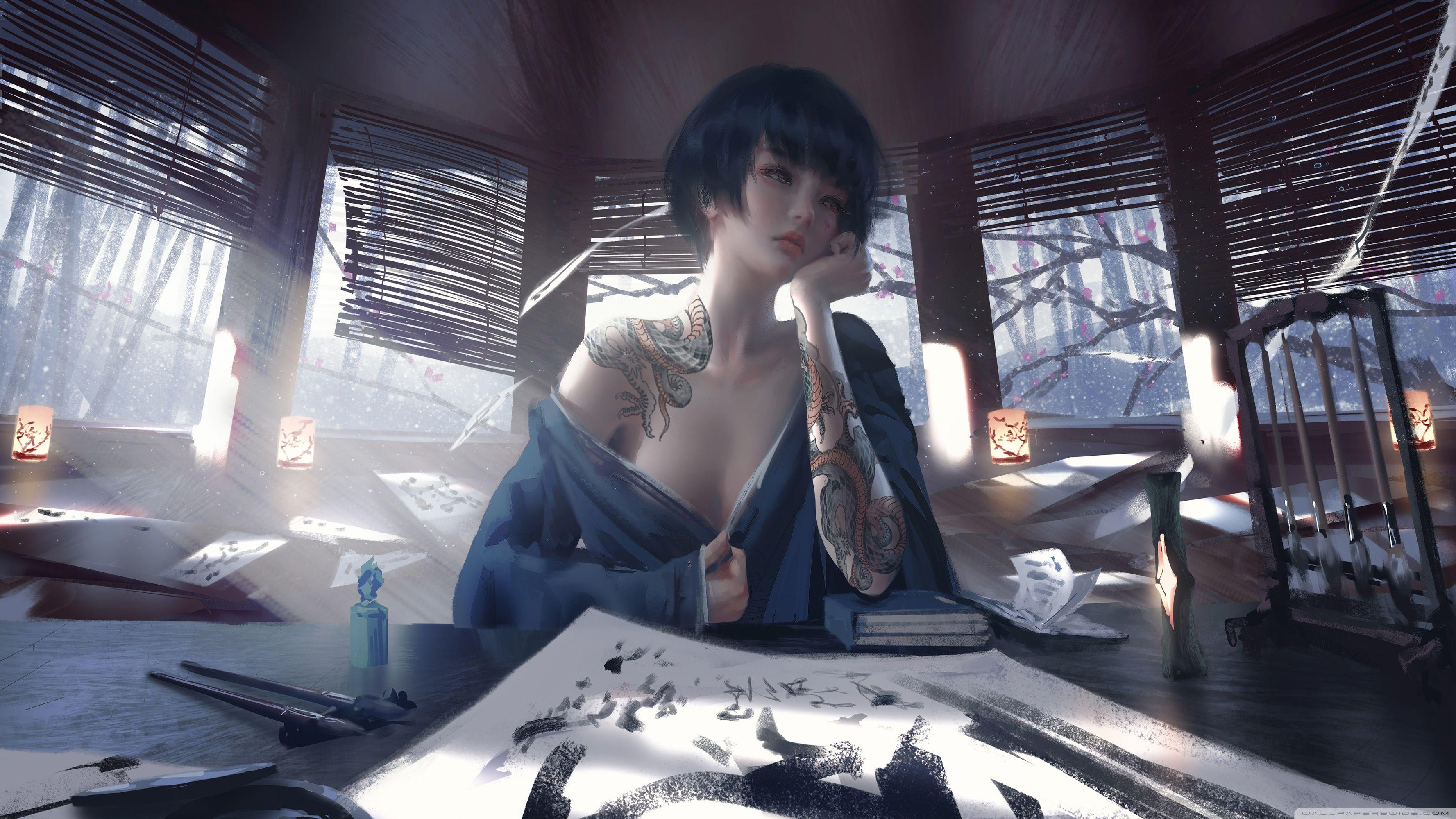 3554x1999 Fantasy Japanese Girl Art Wallpaper