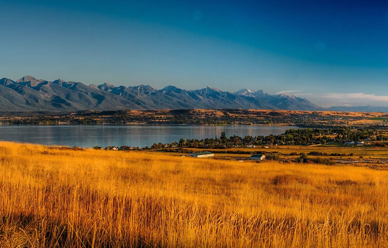 1332x850 Wallpaper autumn, the sky, grass, the sun, trees, mountains, lake, field, plain, valley, panorama, houses, USA, Montana, Rocky Point image for desktop, section пейзажи