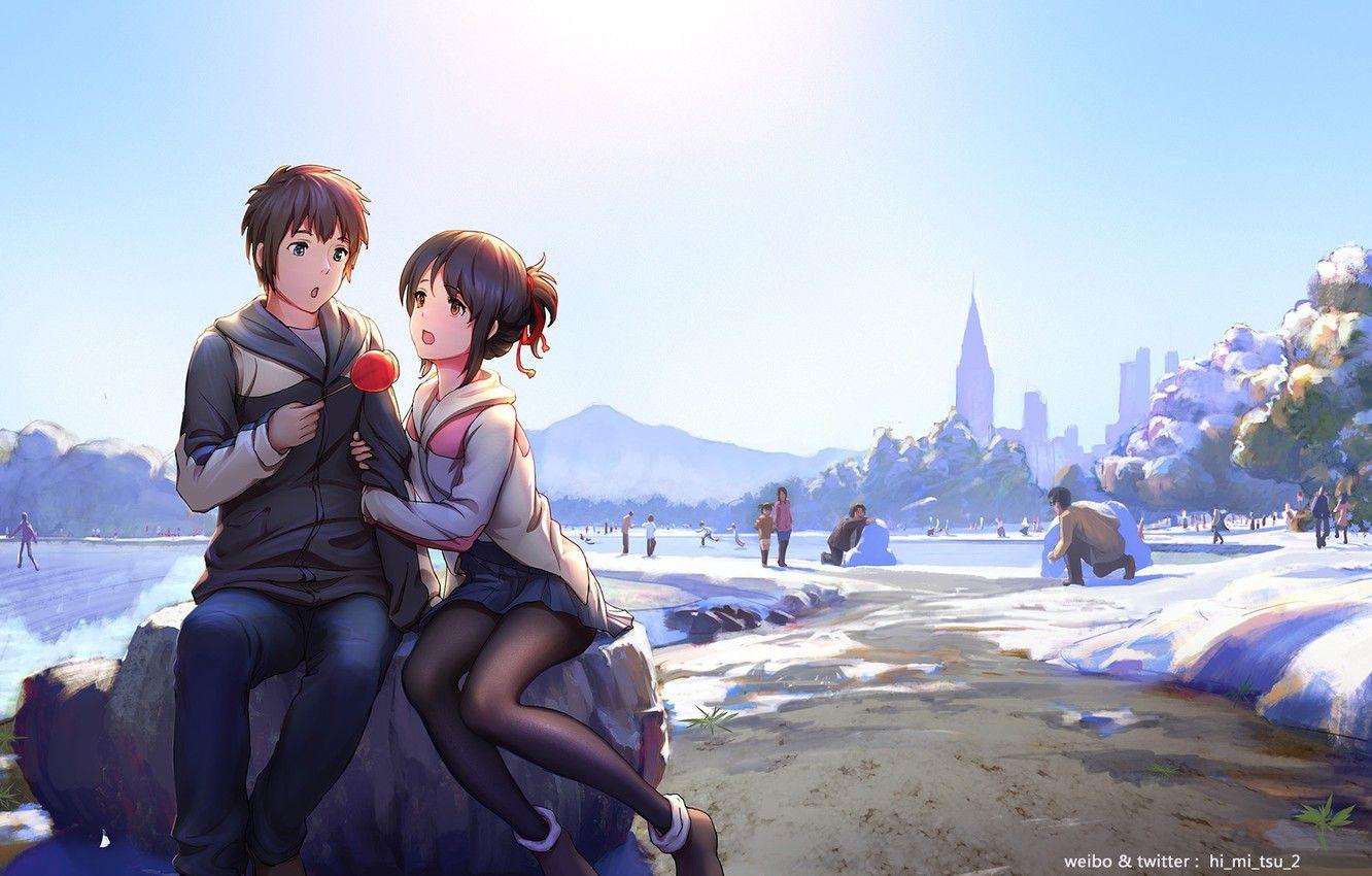 1332x850 Wallpaper winter, girl, people, anime, art, guy, two, Still, tachibana taki, miyamizu mitsuha, Kimi no VA On, Mitsuha image for desktop, section прочее