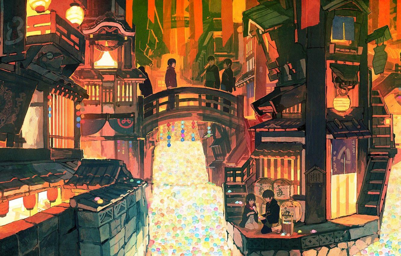 1332x850 Wallpaper the city, people, anime, art image for desktop, section арт