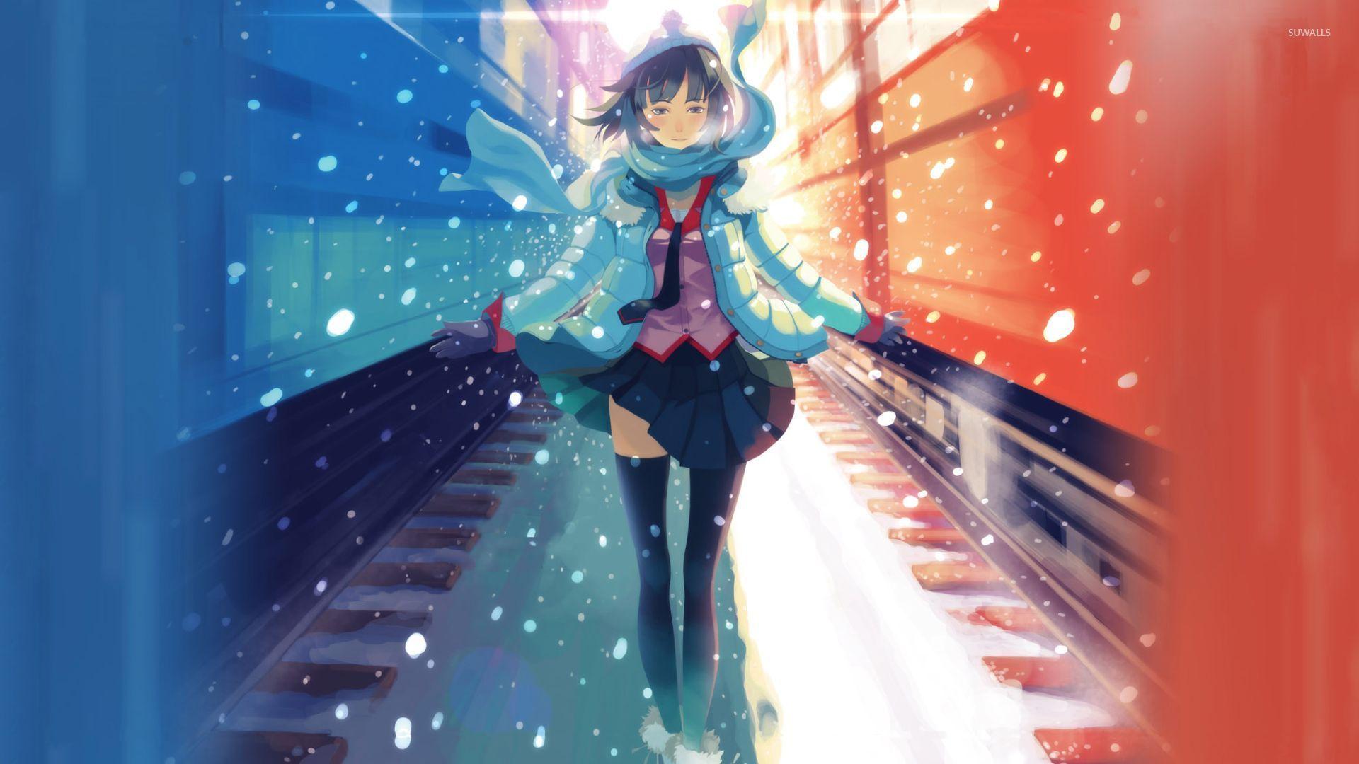 1920x1080 Girl between the trains in the snow wallpaper wallpaper
