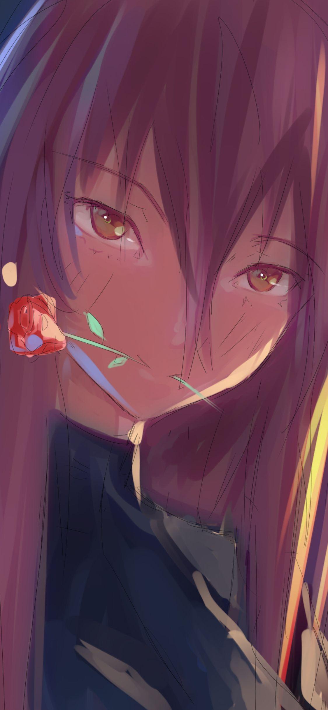 1125x2436 Anime Girl Rose In Mouth iPhone XS, iPhone iPhone X HD 4k Wallpaper, Image, Background, Photo and Picture
